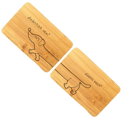 Dackel Frühstücksbrettchen Set aus Bambusholz, 2 Stück, Lustige Dackel-Gravur mit Sprüchen, Brotzeitbrett Hundeliebhaber, 22x14cm, Dackel Geschenk, Dackelliebhaber Geschenk, lustiges Frühstücksbrett