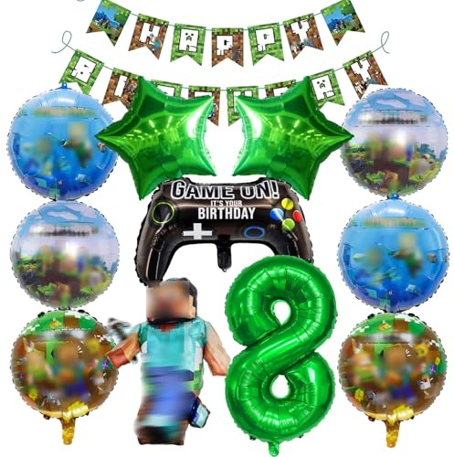 Decoración con globos para la fiesta de cumpleaños de un niño de 8 años con temática de videojuegos: Pancarta, Globos de personajes, Globos de pentagrama, Globo de mando de videojuegos