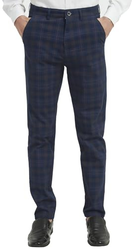 Yukirtiq Men's Check Trouser Plaid Dress Pants Flat-Front Chino Smart Slim Fit Retro Golf Tartan Trousers