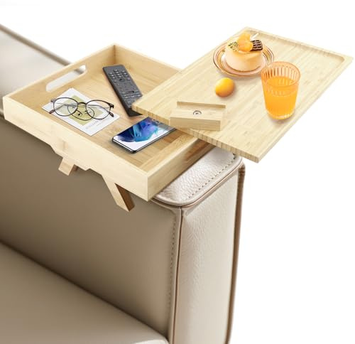 Reposabrazos Sofa, Bambú Bandeja para Reposabrazos para Sofá, Soporte para Bebidas, Reposabrazos de Dos Pisos, Mesa de Sofá con Mesa Giratoria de 360° y Soporte para Teléfono Móvil para Aperitivos