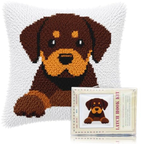 FREEBLOSS Welpen Knüpfhaken Sets Für Erwachsene Und Anfänger DIY Sofakissen Vorgedruckte Haken Und Knüpfteppich Sets Kreuzstich Kissenbezug Für Die Sofadekoration Zu Hause 17x17cm