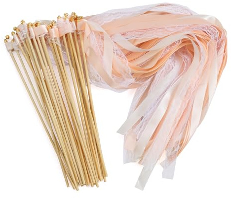 30 Pack Wedding Wands with Bells – Wedding Ribbon Wands with Lace & Satin Ribbons, 30 cm Wooden Sticks, Romantic Wedding Decoration for Aisle, Party & Birthday