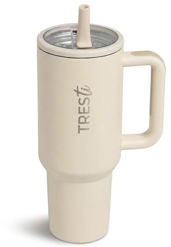 TRESTi Tumbler Térmico 1,2L (40oz) con Asa y Pajita Abatible - Termo de Acero Inoxidable 100% Antigoteo - Vaso Térmico EcoSostenible - Mantiene Frío 12H y Calor 6H - Crema