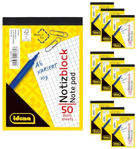Idena 90437 - Block kariert A6, 10 Stück, Notizblock mit 50 Blatt und ohne Rand, 70g/m² Papier ungelocht und kopfgeleimt