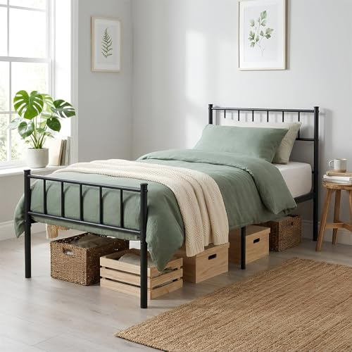 Harbour Housewares 3ft Single Metal Bed Frame Black – Heavy Duty Steel Bed with Headboard Footboard and 36cm Underbed Storage – Fits 190 x 90cm Mattress – Strong Metal Slats Max Weight 110kg