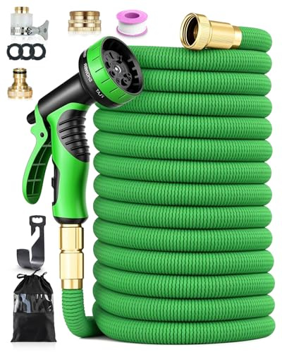 150FT Expandable Garden Hose, 45M Leak-Proof Flexible Hose Pipe with 10-Pattern Spray Nozzle, Expandable Water Hose for Gardening, Kink-Free, 4-Layer Latex Core, 1/2 3/4 Universal Fittings, Green