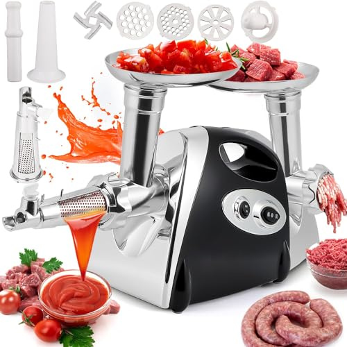 Electric Meat Grinder Tomato Strainer Sausage Stuffer Maker Tomato Sauce Maker Meat Mincer Machine with 3 Plates & Sausage Stuffer Tubes Kit for Home Kitchen Use