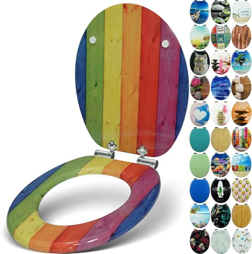 SANFINO® Premium WC Sitz mit Absenkautomatik – hochwertige Toilettendeckel aus Holz, viele bunte Motive, hoher Sitzkomfort, einfache Montage inklusive Montageanleitung – Colorful
