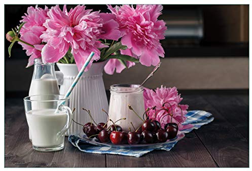 Wallario Küchenrückwand selbstklebend 90 x 60 cm, Motiv: Milch mit Kirschen zum Frühstück mit rosa Blumenarrangement | Spritzschutz abwischbar & pflegeleicht