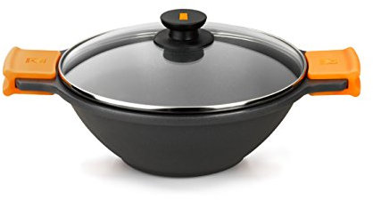 BRA Efficient Sartén Wok, Cacerola cóncava, con Tapa de Cristal, Asas de Silicona, Metal, Negro, 24 cm