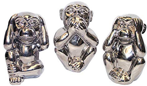 Concord DREI Affen - Nichts sehen, Sagen, hören - 14cm Deko Figur Silber Chrom glasiert Keramik