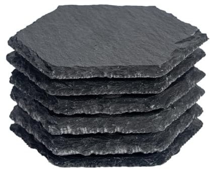 Argon Tableware Lot de 6 dessous de verre hexagonaux en ardoise - 9,5 cm - Tapis de boisson en ardoise naturelle en pierre noire pour cuisine, bar, restaurant, mariages