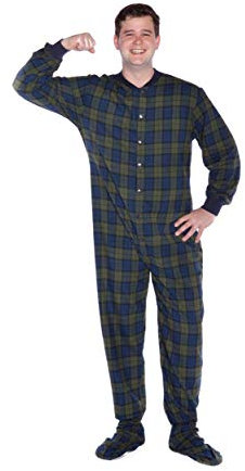 BIG FEET PAJAMA CO. Pyjama une pièce en flanelle de coton tartan pour adulte avec pieds pour homme et femme, Bleu marine et vert, XXL