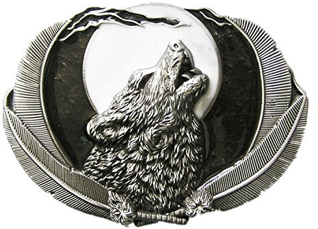 Gürtelschnalle im Vintage-Stil, Western-Wolf, Mond, oval, Boucle de ceinture, Antike, gebürstete Silberfarbe, Einheitsgröße