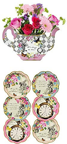 Talking Tables Alice in Wonderland Teapot Vase Floral Centerpiece and Mad Hatter Afternoon Tea Party Plates