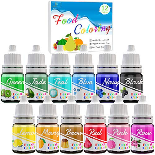 Colorante Alimentario 12 Colores - Colorante Alimenticio Líquido Concentrado para Hornear, Alimentos, Decorar, Fondant y Cocinar - Colorante Icing para Comida para Manualidades, Soap - 6ml Cada Uno
