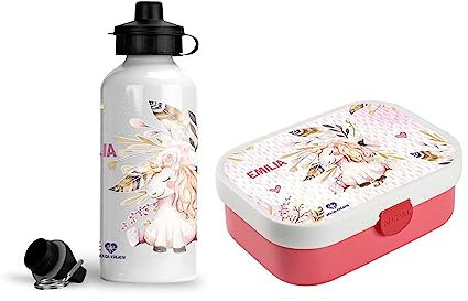 wolga-kreativ Personalisiertes Set Mepal Campus Kinder Brotbüchse und Kinderflasche Einhorn für Mädchen Pausenset mit Fächern und Unterteilung als Geschenk Schule und Kindergarten
