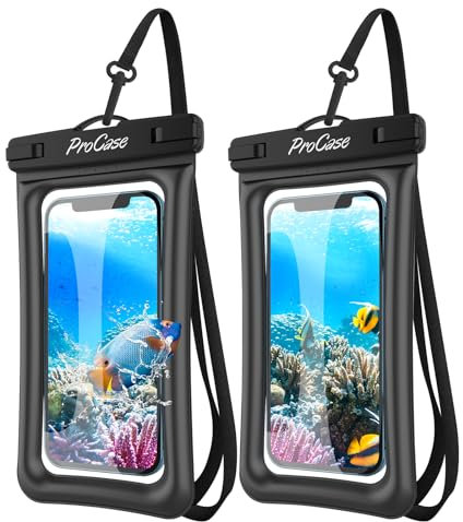 ProCase 2 Stück Schwimmend Wasserdicht Handyhülle,Unterwasser Hülle IPX8 Waterproof Handytasche für 7 iPhone 16 15 14 13 Pro Max/Samsung Galaxy S24 S23 Ultra S22 A54 Weiteren bis 7 Zoll -Schwarz