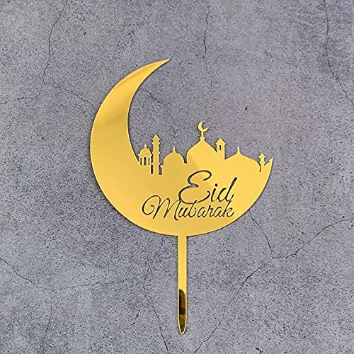 Eid Mubarak Cake Topper - Medium - Crescent Moon Star - Eid Baking Decorations (Gold Crescent Mosque)