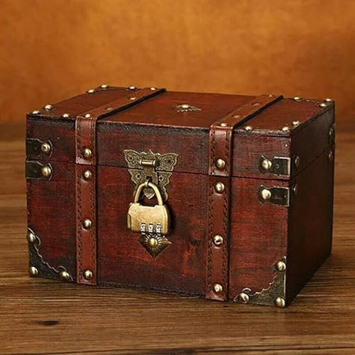 LIKEUDO Holz Schatztruhe Schmuck Aufbewahrungsbox Piratenkiste Verschließbar Deko Schatzkiste Dekorative Schloss Holzkiste (S)