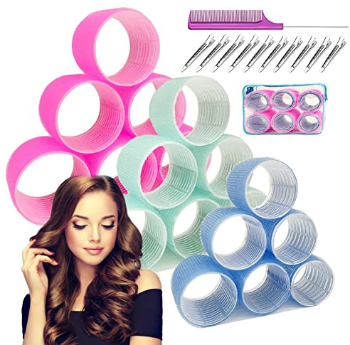 Extra großes Lockenwickler-Set für langes Haar, Jumbo-Klettrollen für Salon-Volumen und große Locken, 31 Stück in 3 Größen (7,6 cm/6,3 cm/5,1 cm), inklusive Clips und Kamm, Reise-Set