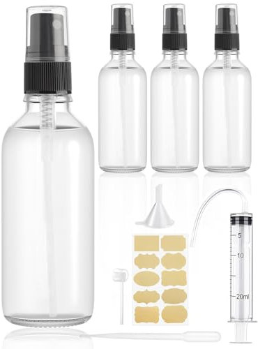 Bohoray 4 Pcs Glass Spray Bottle 100ml,Empty Perfume Spray Bottle,Refillable Spray Bottle,Fine Mist Clear Travel Bottles,Atomiser With Label,Syringe,Dispensing Tools for Cleaning,Perfume,Cosmetic