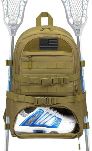 SunForMorning Lacrosse Bag Großer Taktischer Lacrosse Ausrüstungsrucksack mit 2 Stöcken Halter & separatem Schuhfach für alle Lacrosse- oder Feldhockeyausrüstung, Braun