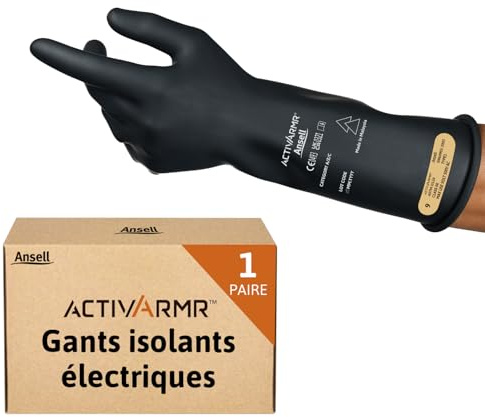 Ansell ActivArmr Elektriker-Schutzhandschuhe, Elektroschutz Klass 00 (500V), Elektrisch Isolierende Gummihandschuhe, Professionelle Arbeitshandschuhe 36cm, Schwarz, Größe L (1 Paar)