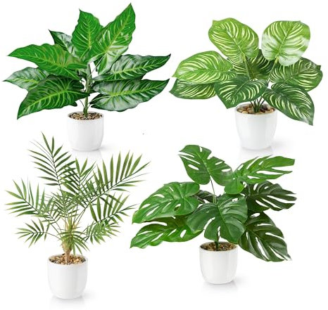 PASCH® 4er Set Tropische Kunstpflanzen wie echt (35cm) in weißen Keramiktöpfen: u.a. Monstera künstlich & Areca Kunstpalme | Künstliche Pflanzen im Topf | Fake Plant | Kunstblumen im Topf
