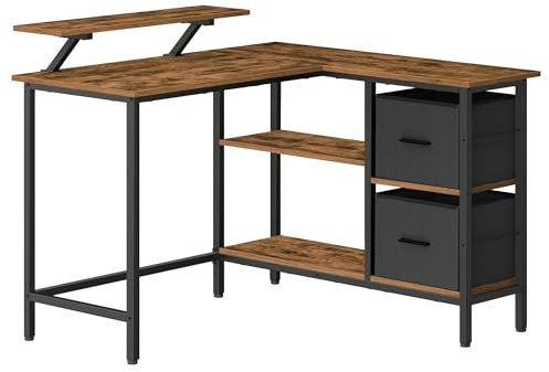 VASAGLE L-förmiger Schreibtisch, 2 geräumige Schubladen, Computertisch mit Monitorständer, Eckschreibtisch, Gaming-Tisch mit Verstellbarer Ablage 115 x 105 cm vintagebraun LWD097B01