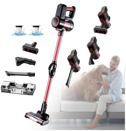 Escoba Aspiradora Sin Cable 5 in 1 Menor Ruido,Luces LED,Depósito 200 Ml, Aspirador Escoba Aspiradora Fregona Sin Cable para Mascotas/Alfombras/Coche/Suelos Duros/Cama