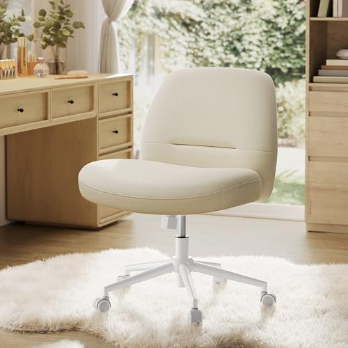 SONGMICS HOME Schneidersitz Stuhl, Schminkstuhl, Drehstuhl ohne Armlehnen, Schreibtischstuhl, breite Sitzfläche, modern, mit Fußkreuz, höhenverstellbar, Wippfunktion, cremeweiß OBG047W01