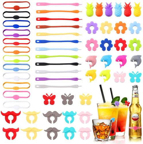 Yamitora 59 Stück Glasmarkierer Glas Markierung Trinkgläser Silikon Glasmarker buntes Weinglas Marker Weinglasmarkierer Wein Marker für Champagnerglas Weinglas Trinkglas Martini Gläser