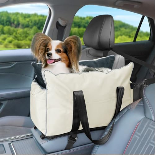 Hunde Autositz für kleine Hunde Katzen, Mittelkonsole für Hunde,Abnehmbare Waschbare Haustier-Autositze mit Pelzigem für kleine Welpen, Weich und Warm (Beige, Klein)