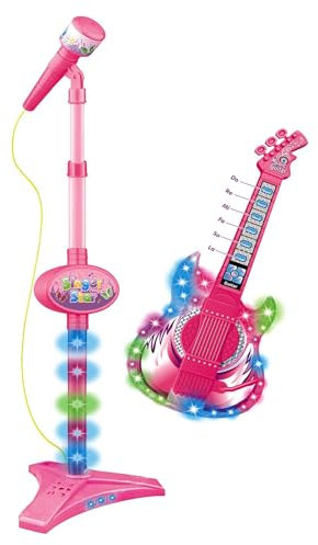 Humkopnl Electric Guitar and Microphone Toy, Guitar Toys with Music, Microphone with Adjustable Height Stand Guitar Musical Set Electric Guitar with Lights for Boys
