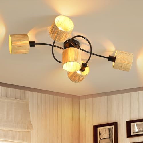 Deboola Deckenlampe 5 Flammig Deckenleuchte Boho - Wohnzimmer Natur Wohnzimmerlampe Vintage Schlafzimmerlampe Umgeben Design E14 Deckenbeleuchtung für Schlafzimmer Esszimmer Küche(Ohne Leuchtmittel)