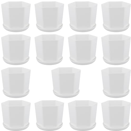CHUENKUK 15 Stück Kleine Kunststoff Blumentöpfe Weiße, 9 x 8.1cm Sechseck Anzuchttöpfe mit Untersetzern, Pflanztöpfe Eckig, Kräuter, Sukkulenten, Balkon, Dekoration