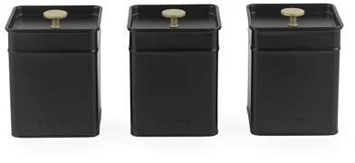 Salter Alchemy 3-Piece Canister Set – Kitchen Storage, Tea, Coffee, Sugar Tins, Powder-Coated Finish, Easy Open Lids, Long-Lasting Freshness, Easy Clean, Kitchen Food Storage Tins, Black/Gold