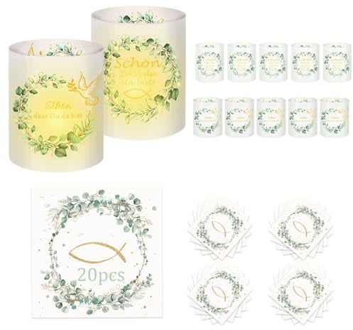 12 Stück Windlichter Tischdeko, Windlicht Schön DASS Du Da Bist, Firmung Deko mit 20 Stück Servietten, Lichthülle für Teelichter, Kerzen Dekoration, Geburtstag, Hochzeit, Kommunion
