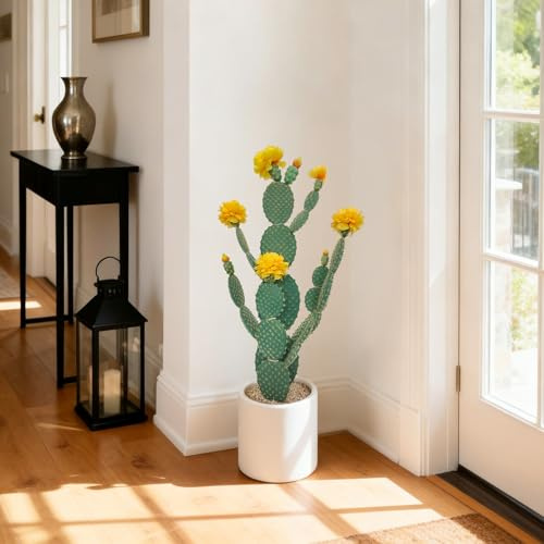 Crevyteg Künstlicher Saguaro Kaktus im Topf, Realistische Kunstpflanze Kaktus 78 x 18cm, Große Künstliche Sukkulente Pflegeleichte Pflanzen Deko mit Stein und Gelbe Blume für Zuhause, Garten, Büro