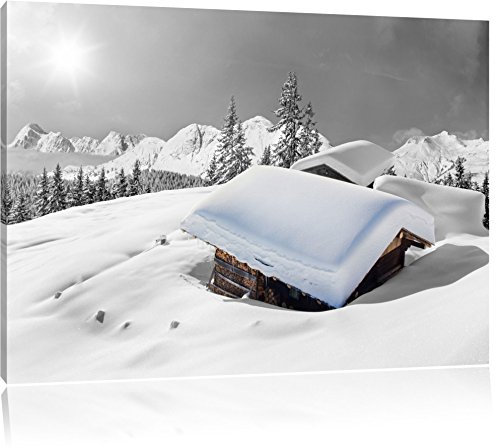 Pixxprint schöne verschneite Berghütten in den Alpen B&W, Größe: 80x60cm, Leinwandbild, fertig gespannt, Wandbild, Dekoration, Kunstdruck, kein Poster