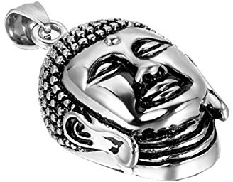JewelryWe Schmuck Edelstahl Klassiker Buddha Kopf Anhänger mit 55m Kette, Halskette für Herren und Damen, Schwarz Silber