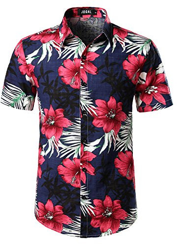 JOGAL Mens Flowers Casual Aloha Hawaiian Shirt Medium A334 Navy