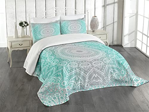 ABAKUHAUS Grau und Türkis Tagesdecke Set, Ombre Ethnic, Set mit Kissenbezügen Waschbar, für Einzelbetten 170 x 220 cm, Türkis Grau