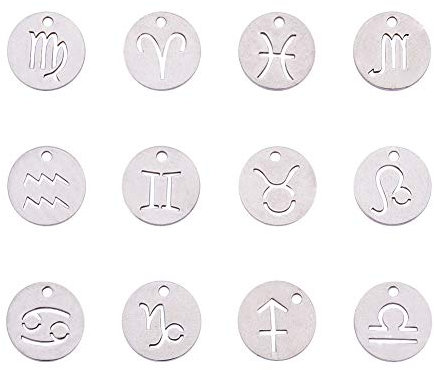 PandaHall 24 stücke 304 Edelstahl 12 Konstellationen Sternzeichen Anhänger Charms Astrologie Horoskop Charms Perlen für DIY Schmuck Handwerk Machen (Edelstahl Farbe)