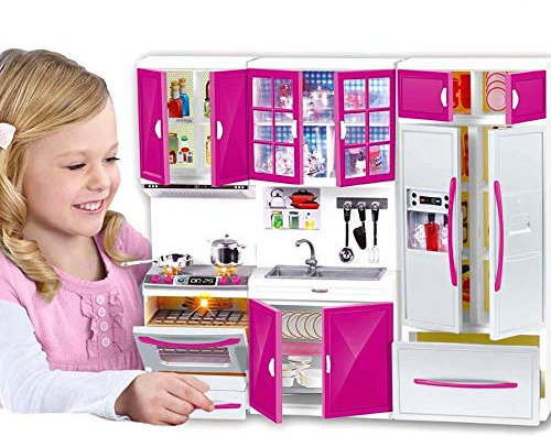 Cocina para muñecas Juguete Muebles casa muñecas para niños Luces y Sonidos realistas con Placa de cocción Funcional Horno Fregadero Muebles de Puertas Nevera y Muchos Accesorios Juego 40 x 30 cm