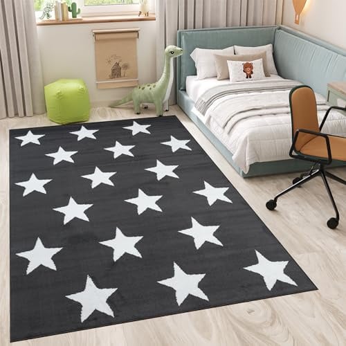 TAPISO Luxury Teppich Kurzflor Kinderteppich Dunkelgrau Weiß Modern Geometrisch Sterne Wohnzimmer Kinderzimmer Jugendzimmer ÖKOTEX 300 x 400 cm