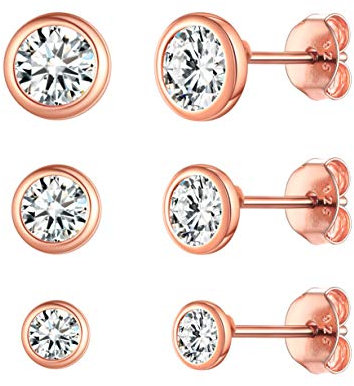 ChicSilver Damen Rosegold Ohrstecker mit Zirkonia 3mm 4mm 5mm 3 Paar Knorpel Ohrringe Set für Braut Brautjungfer Model
