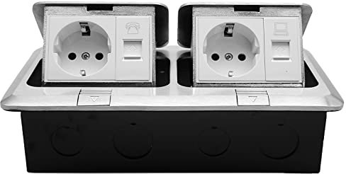 Versenkbare Bodensteckdose für Innenbereiche,innen Einbausteckdose küche, 2 Steckdosen + 1 Ethernet+ 1 Telefonanschluss, 2fach Steckdose fussbodensteckdose, ideal für Küche und Arbeitsplatte