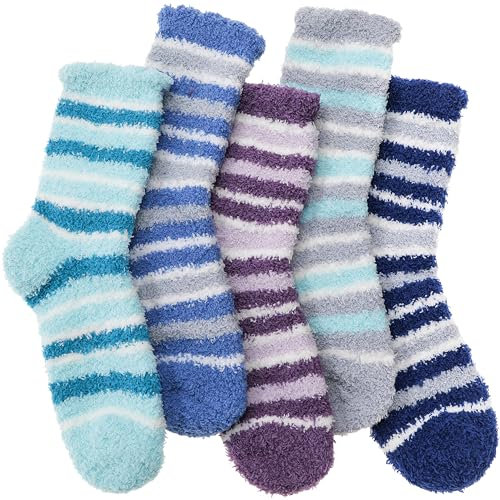 ANTSANG Kuschelsocken für Damen Flauschige Wintersocken Haussocken Warme für Frauen Bettsocken Dick Socken(Streifen B (5 Paar))
